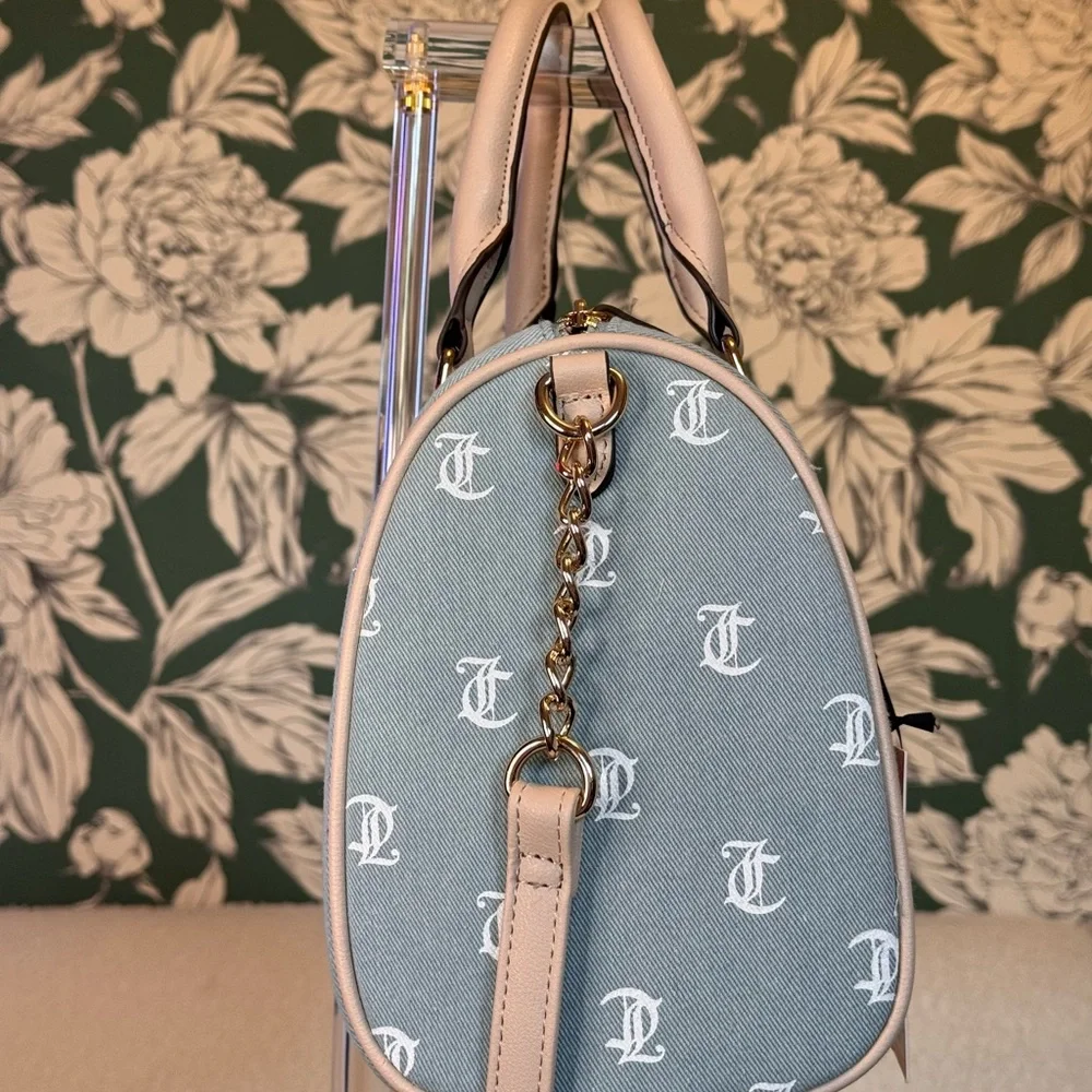 Juicy Couture Gray and Cream Satchel with Strawberry Charm and Gold Chain NWT